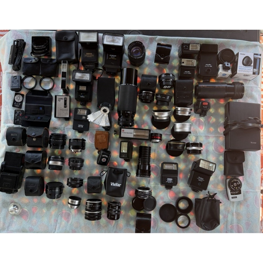 100+ Piece Lot of Camera Lenses,Filters,Extensions, Accessories & Flash-Untested